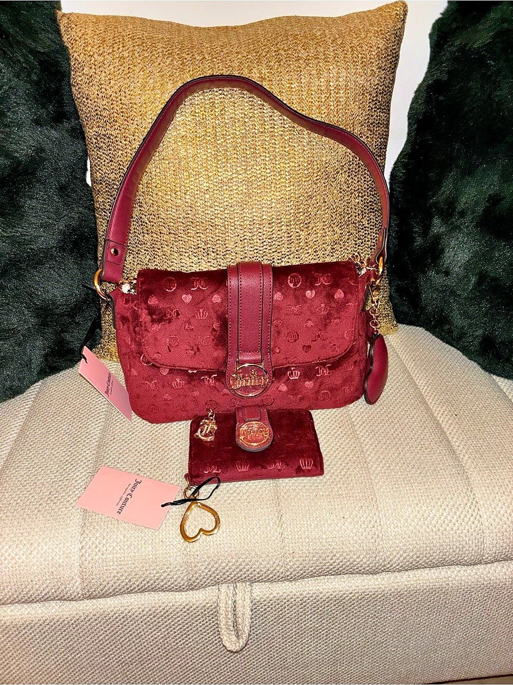 Juicy Couture Velour Monogram Shoulder Bag and Wallet Set in cranberry color